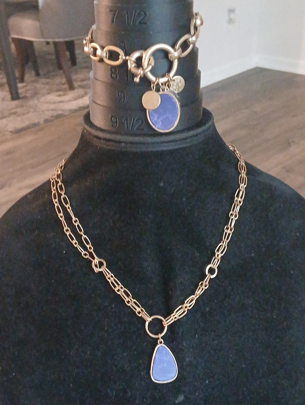 Plunder Gold-Tone Double Chain Necklace and Bracelet with Purple Pendants